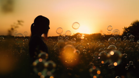 Woman blowing soap bubbles in a meadow at sunsetの素材