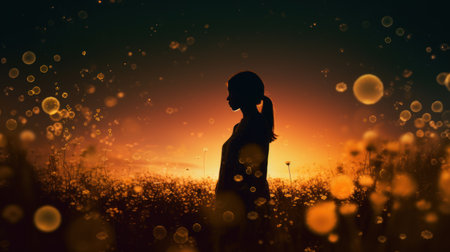 Silhouette of a pregnant woman in a field of dandelions at sunsetの素材