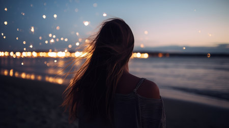 Silhouette of a beautiful girl on the beach at sunset.の素材