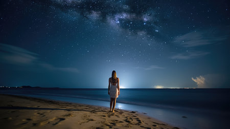woman standing on the beach and looking at the milky wayの素材