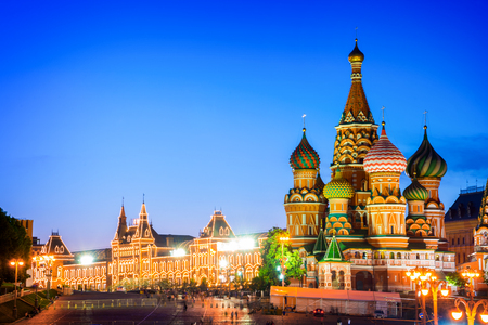 St Basil's cathedral on Red Square at night, Moscow, Russiaの写真素材