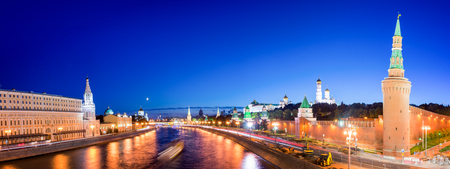 Panrama of the Moskva river with the Kremlin's towers at night, Moscow, Russiaの写真素材