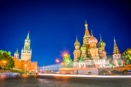 St Basil's cathedral and Kremlin on Red Square at night, Moscow, Russiaの写真素材