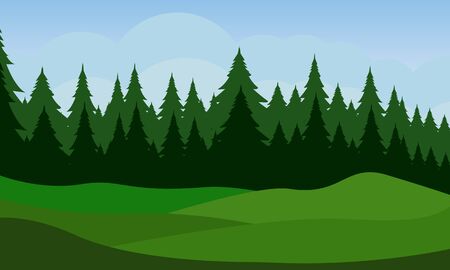 Landscape with green yard and tree on blue sky background.Flat vector design.のイラスト素材