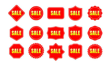 Set of red Sale Labels with yellow text vector.のイラスト素材