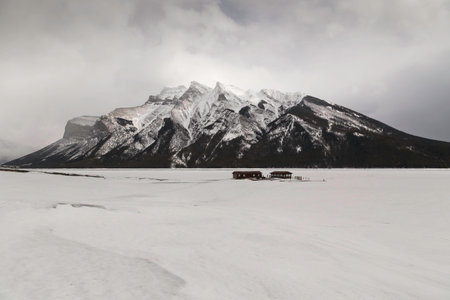 Frozen Lake Minnewanka in Banff National Parkの写真素材