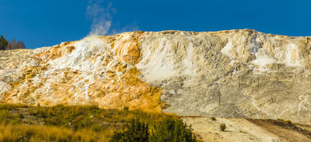 Yellowstone National Park, Wyoming, United States September 20, 2014 â A panorama of geothermal activity at Yellowstone National Park.のeditorial素材