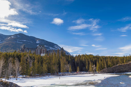 Banff Springs Hotel in the town of Banff set in the Rocky Mountains during winter.の写真素材