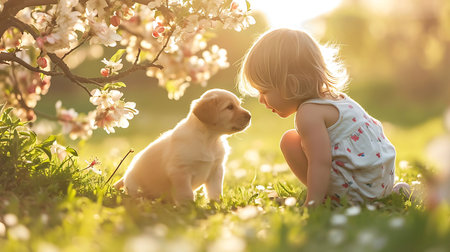 Cute little girl with labrador retriever puppy in spring gardenの素材