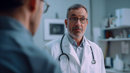 Portrait of mature doctor with stethoscope looking at camera in clinicの素材