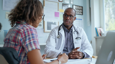 Doctor and patient discussing something while sitting at the table. Medicine and health care concept.の素材
