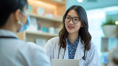 asian female doctor looking at camera and talking to her female patientの素材