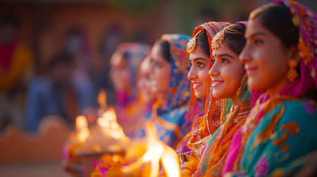 Indian women in traditional clothes during the celebration of Holika Dahan, traditional festival of bonfires, Hindu festival celebrated on the night before Holi.の素材