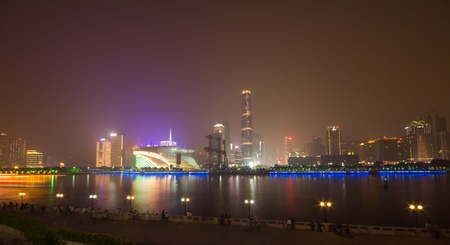 Zhujiang River and modern building of financial district at night in guangzhou china  のeditorial素材