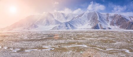 View of landscape and see view snow mountain in background.の写真素材