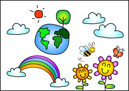 the vector kid drawing set of beautiful world and natureのイラスト素材