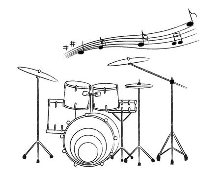 the drum set drawing on the white background and the music noteのイラスト素材