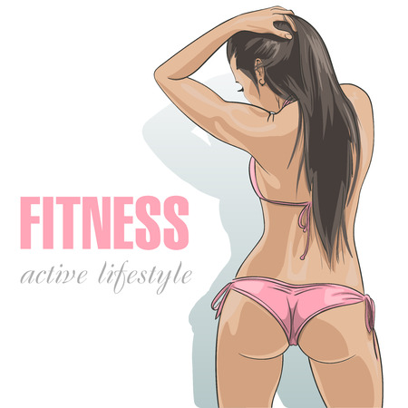 Attractive caucasian fitness girl in sexy pink swimsuit. Vector illustrationのイラスト素材