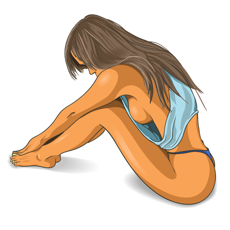 Sexy girl in blue singlet and dark blue thong stretching isolated on white background.Vector illustrationのイラスト素材