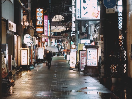 The quiet Yokocho Alley near Hozenji Temple in Osaka, Japan at nightのeditorial素材