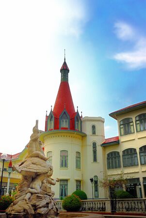 Red roof Church in blue skyの写真素材