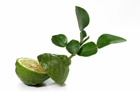 Kaffir lime with leaf isolated on white backgroundの写真素材