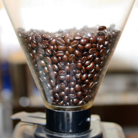 Fresh coffee seed in Coffee Grinder の写真素材