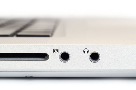 Show side view closeup up of computer laptop selective focus on microphone portの写真素材