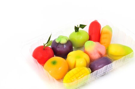 Green Mung beans mashing and decorate texture to deletable imitation fruits の写真素材