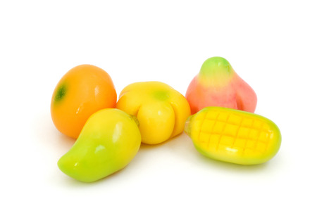 Green Mung beans mashing and decorate texture to deletable imitation fruits (Thai dessert)の写真素材
