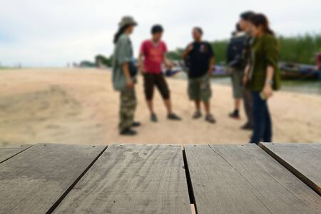 Defocused and blur image of terrace wood and traveller negotiation about trip planning for background usageの写真素材