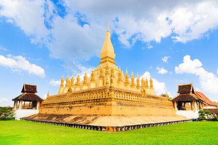 Beautiful Vientiane pagoda Wat Pha That Luang in capital of laosの写真素材
