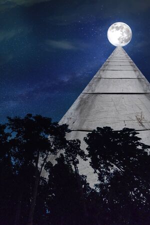 Terrace wood walkway into the full moon for backgroundの写真素材