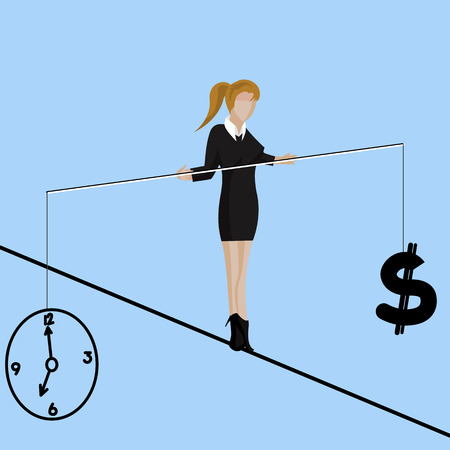 business woman making decision between time or money, time is money concept. Balancing Time and Money. vector illustrationのイラスト素材