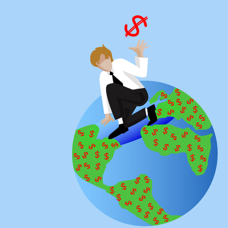 Businessman standing and create dollar money on earth ,Make Money from idea, vector illustrationのイラスト素材