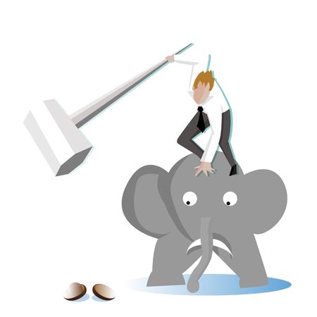 Businessman take a sledgehammer on elephant to crack (break) a walnut (Nut) (Business concept cartoon illustration)のイラスト素材