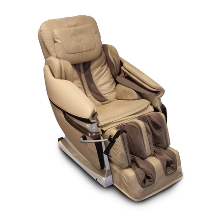 Brown leather comfortable reclining massage chair. With Shiatsu, Tapping and Kneading therapeutic massagesの写真素材