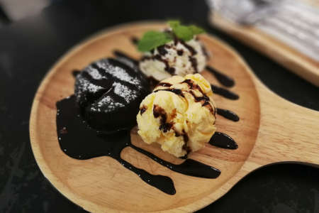 Chocolate Lava Cake with ice cream on white backgroundの写真素材