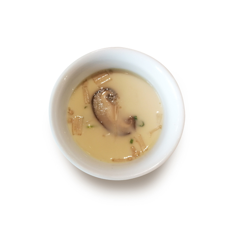 Steamed eggs with shiitake mushroom isolate on white backgroundの写真素材