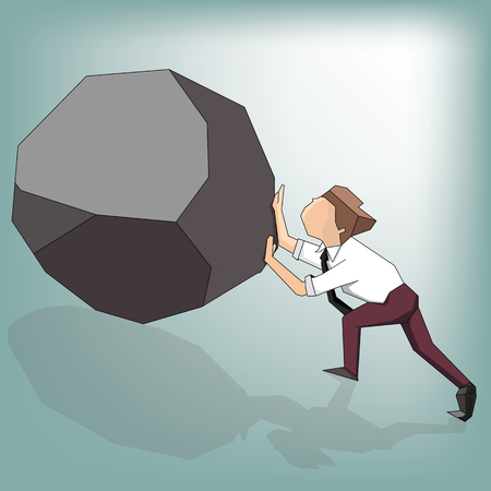 Young businessman pushing large stone uphillのイラスト素材