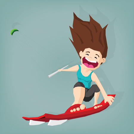Sport woman drive kite surfing with air kite in tropical sea summer. Vector flat sport concept cartoon character illustration designのイラスト素材