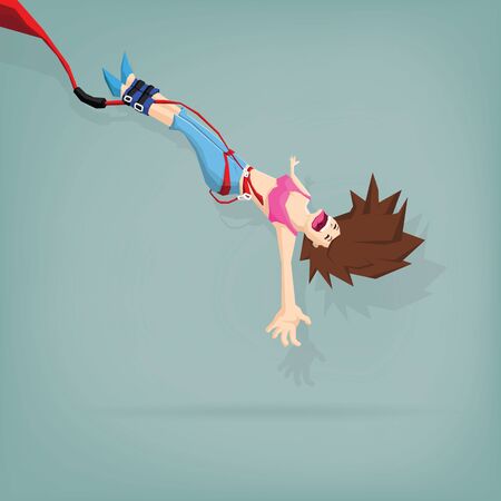Young woman rebounds back after being dunked during her bungee jump, Vector flat extreme sport concept and cartoon designのイラスト素材