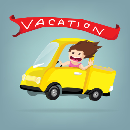 Girl drive cute little retro car and happiness in wonderful summer vacation ,Vector flat business concept and cartoon designのイラスト素材