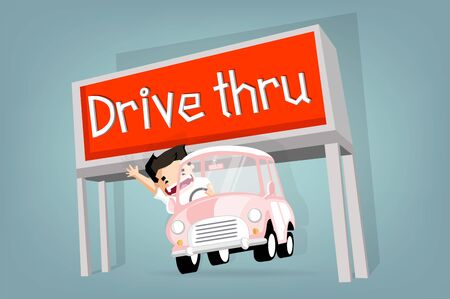 Boy drive  little retro car pass drive thru ,Vector flat  concept and cartoon designのイラスト素材