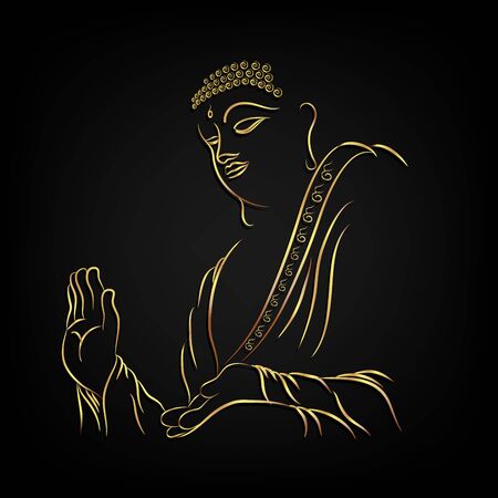 Golden buddha head with golden border element isolate on black background (Vector flat concept)のイラスト素材