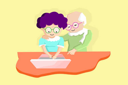 Cheerful couple Grandparent learning computer and technology. Vector flat concept and cartoon designのイラスト素材