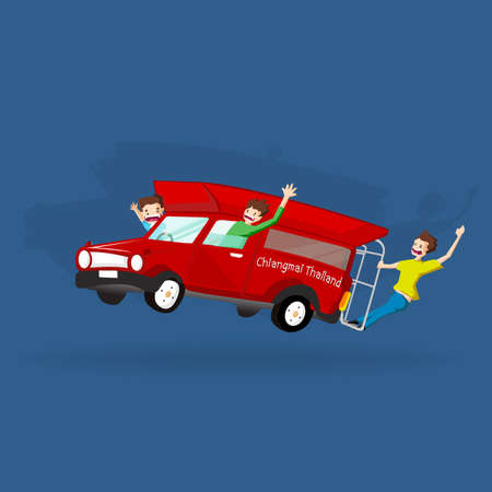 Crazy man group tourist passenger take a red car taxi in Chiangmai Thailandのイラスト素材