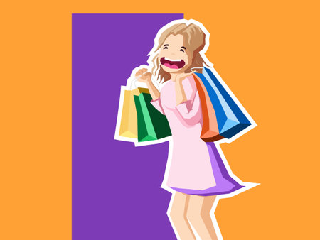 Women with shopping bags in the hands. Cartoon flat design.のイラスト素材