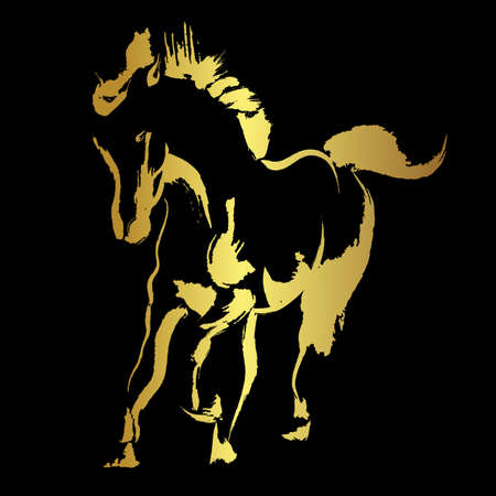 Golden horse with golden brush stroke isolate on blackのイラスト素材