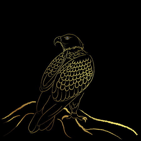 Eagle ,Sketch line art golden brush over black backgroundのイラスト素材